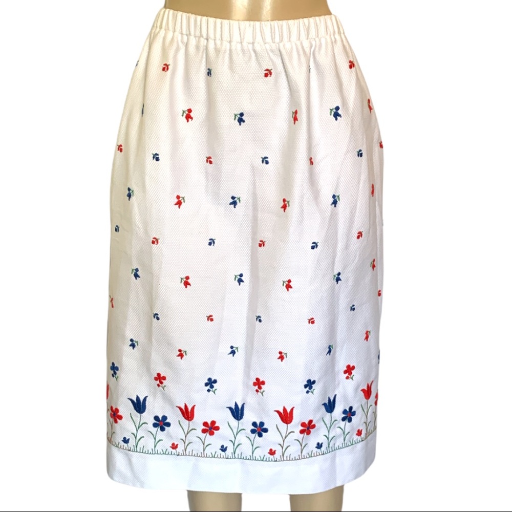 Vintage Floral Embroidered Flowers Midi Full Stretch Skirt with pockets